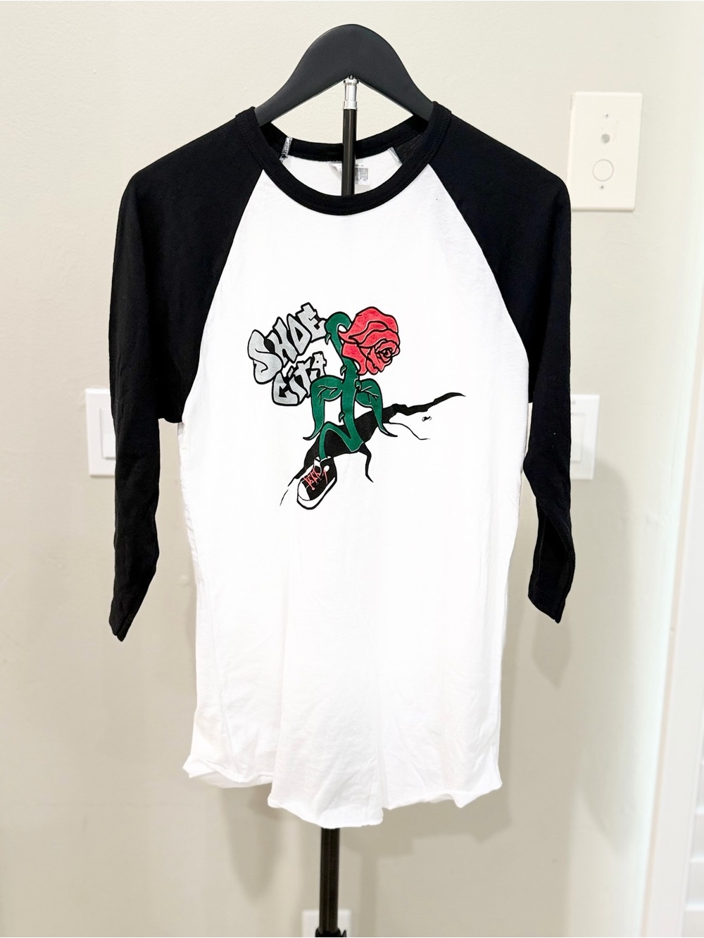 American Apparel Black & White Raglan Graphic Tee Made in USA Y2K Skater Indie